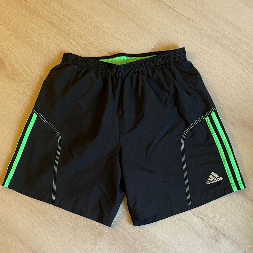adidas Men’s Black Athletic Shorts with Neon Green Stripes